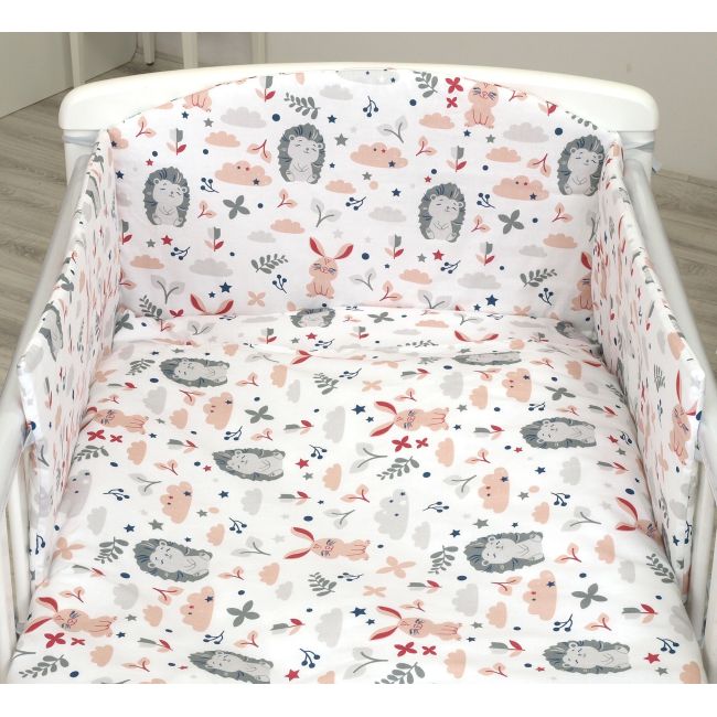 Set Lenjerie Din Bumbac Cu Protectie Laterala Pentru Pat Bebe 120 X 60 Cm, Iepuras Roz, Amy Pjb69680