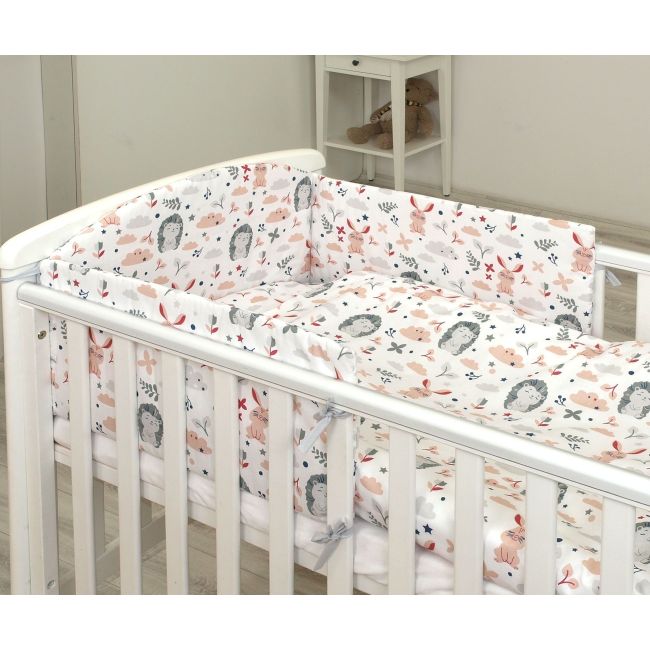 Set Lenjerie Din Bumbac Cu Protectie Laterala Pentru Pat Bebe 120 X 60 Cm, Iepuras Roz, Amy Pjb69680