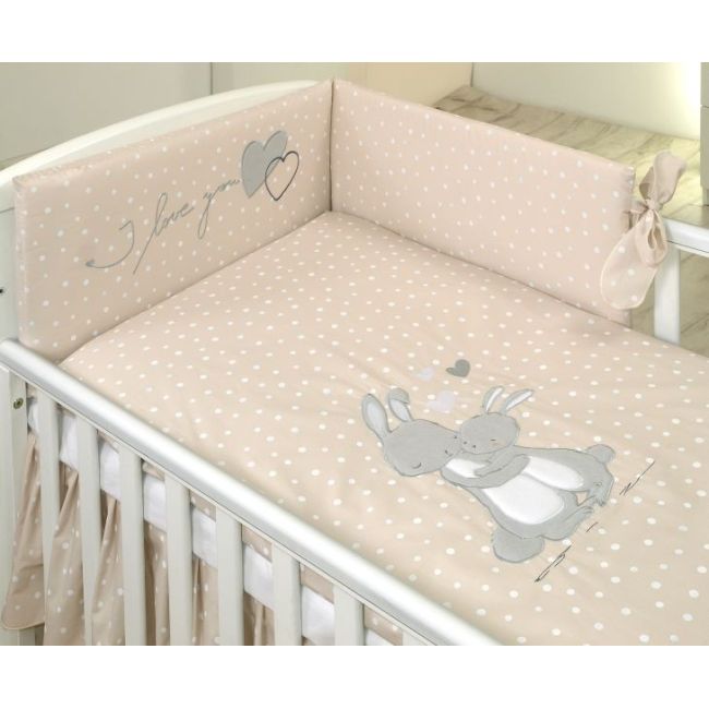 Lenjerie 3 Piese Cu Protectie Laterala Iepuras Din Bumbac, 140x70 Cm, Bej Pjb67436