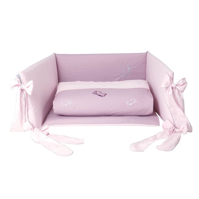 Amy - Lenjerie 3 Piese Cu Protectie Laterala Fluturasi Din Bumbac, 120x60 Cm, Rose Pjb81216