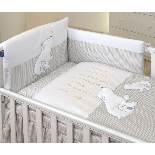 Amy - Lenjerie 3 Piese Cu Protectie Laterala Bear Heart Din Bumbac, 120x60 Cm, Gri Pjb68926