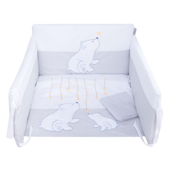 Amy - Lenjerie 3 Piese Cu Protectie Laterala Bear Heart Din Bumbac, 120x60 Cm, Gri Pjb68926