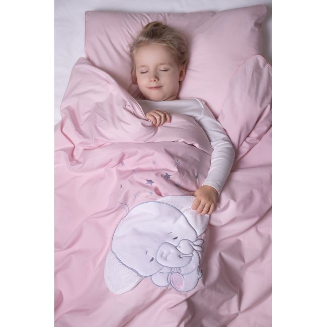 Amy - Lenjerie 3 Piese Cu Protectie Laterala Elefant Din Bumbac, 120x60 Cm, Roz Pjb81334