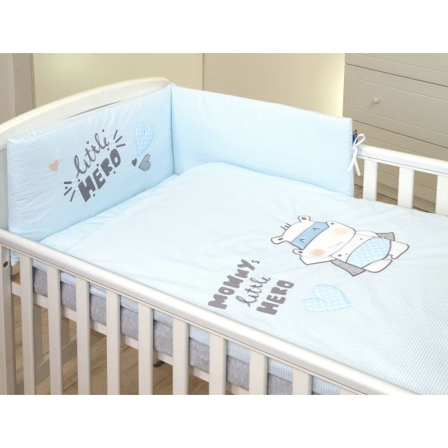 Amy - Lenjerie 3 Piese Cu Protectie Laterala Little Hero Din Bumbac, 120x60 Cm, Blue Pjb80478