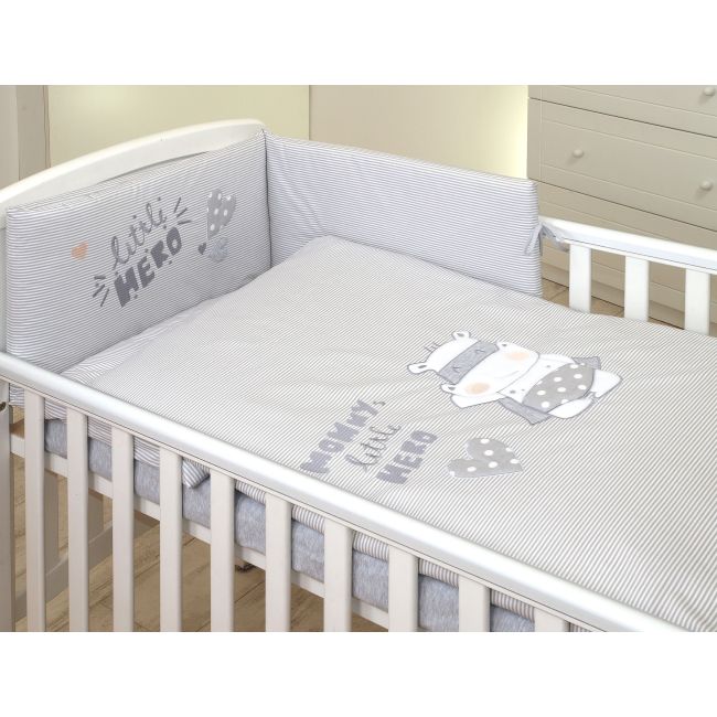 Amy - Lenjerie 3 Piese Cu Protectie Laterala Little Hero Din Bumbac, 120x60 Cm, Gri Pjb80519