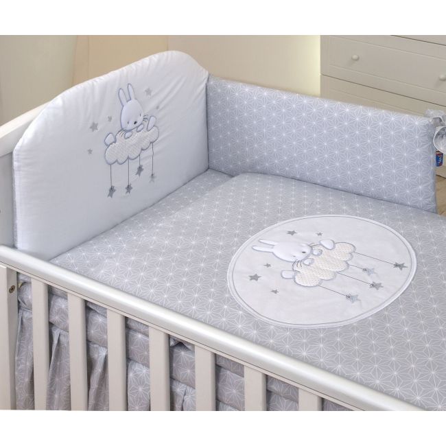 Amy - Lenjerie 3 Piese Cu Protectie Laterala Sky Bunny Din Bumbac, 120x60 Cm, Gri Pjb68746