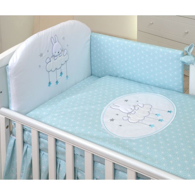 Amy - Lenjerie 3 Piese Cu Protectie Laterala Sky Bunny Din Bumbac, 120x60 Cm, Turcoaz Pjb68792
