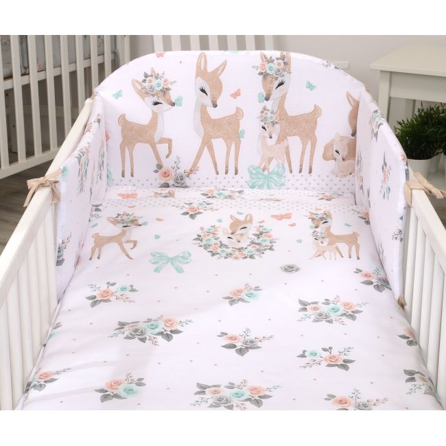 Set Lenjerie Din Bumbac Cu Protectie Laterala Pentru Pat Bebe 120 X 60 Cm, Caprioara Boho Alb, Amy Pjb81992