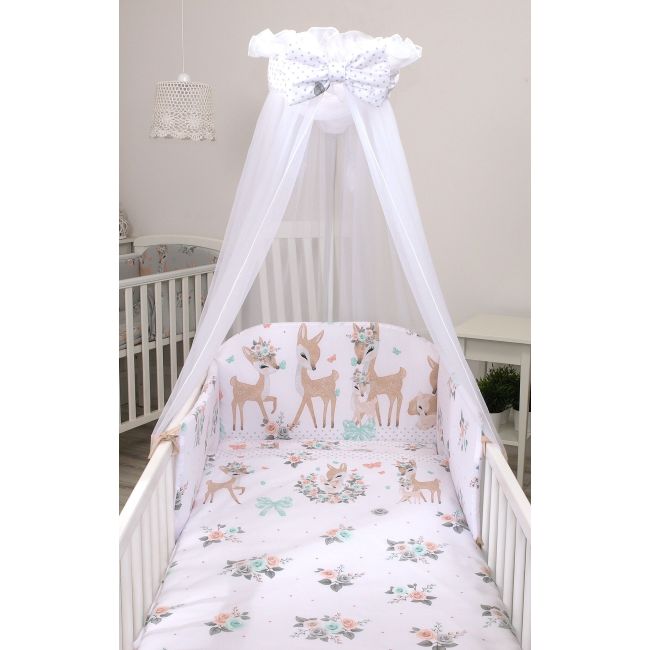 Set Lenjerie Din Bumbac Cu Protectie Laterala Pentru Pat Bebe 120 X 60 Cm, Caprioara Boho Alb, Amy Pjb81992