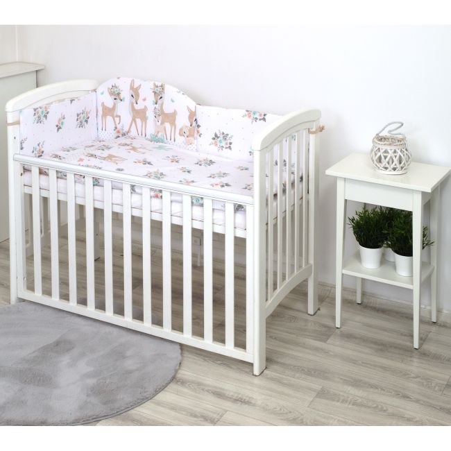 Set Lenjerie Din Bumbac Cu Protectie Laterala Pentru Pat Bebe 120 X 60 Cm, Caprioara Boho Alb, Amy Pjb81992