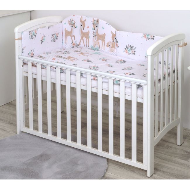 Set Lenjerie Din Bumbac Cu Protectie Laterala Pentru Pat Bebe 120 X 60 Cm, Caprioara Boho Alb, Amy Pjb81992