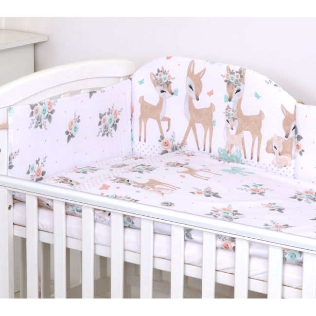 Set Lenjerie Din Bumbac Cu Protectie Laterala Pentru Pat Bebe 120 X 60 Cm, Caprioara Boho Alb, Amy Pjb81992