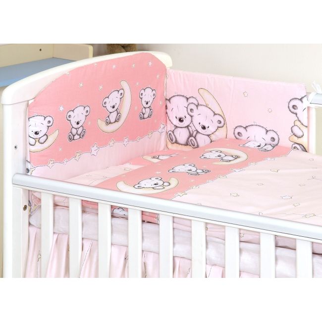 Set Lenjerie Din Bumbac Cu Protectie Laterala Pentru Pat Bebe 120 X 60 Cm, Ursulet Pe Luna Roz, Amy Pjb65760