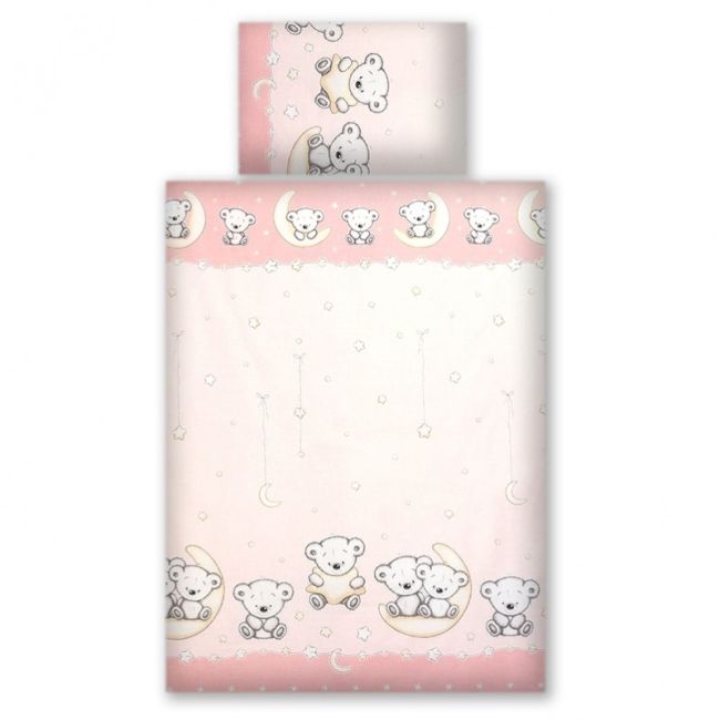 Set Lenjerie Din Bumbac Cu Protectie Laterala Pentru Pat Bebe 120 X 60 Cm, Ursulet Pe Luna Roz, Amy Pjb65760