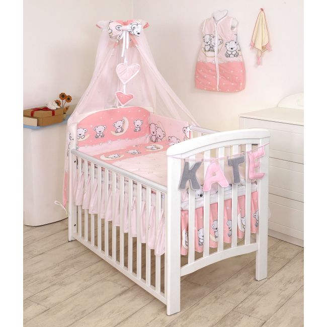 Set Lenjerie Din Bumbac Cu Protectie Laterala Pentru Pat Bebe 120 X 60 Cm, Ursulet Pe Luna Roz, Amy Pjb65760