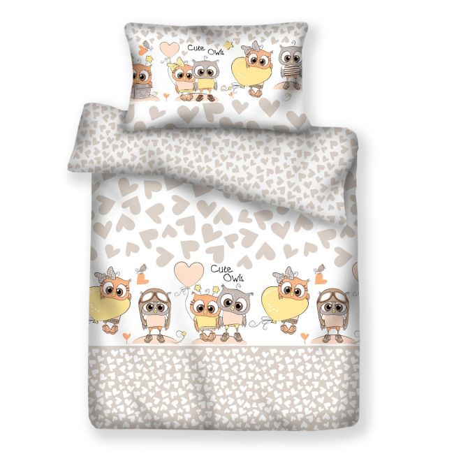 Set Lenjerie Din Bumbac Cu Protectie Laterala Pentru Pat Bebe 120 X 60 Cm, Bufnite Bej, Amy Pjb65764