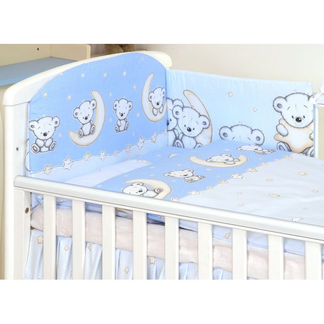 Set Lenjerie Din Bumbac Cu Protectie Laterala Pentru Pat Bebe 120 X 60 Cm, Ursulet Pe Luna Albastru, Amy Pjb65759