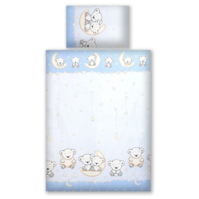 Set Lenjerie Din Bumbac Cu Protectie Laterala Pentru Pat Bebe 120 X 60 Cm, Ursulet Pe Luna Albastru, Amy Pjb65759