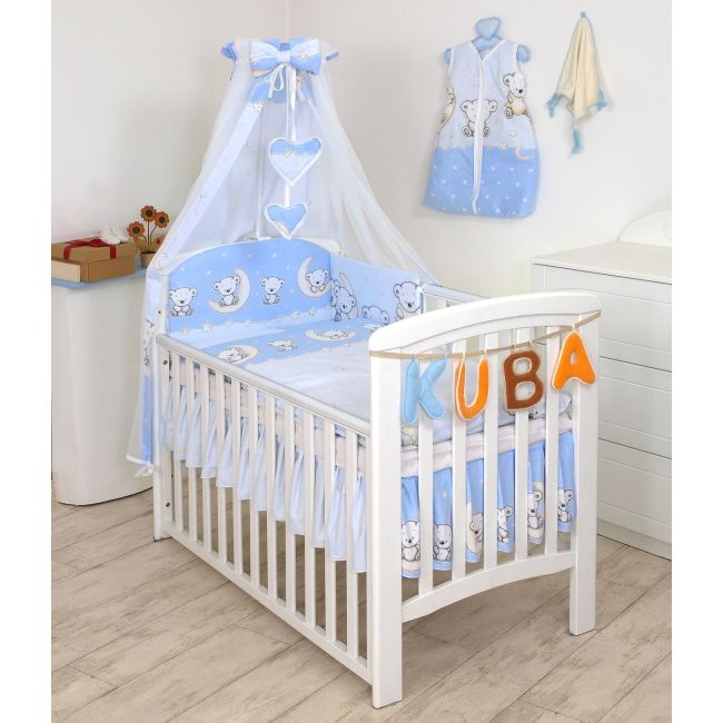 Set Lenjerie Din Bumbac Cu Protectie Laterala Pentru Pat Bebe 120 X 60 Cm, Ursulet Pe Luna Albastru, Amy Pjb65759