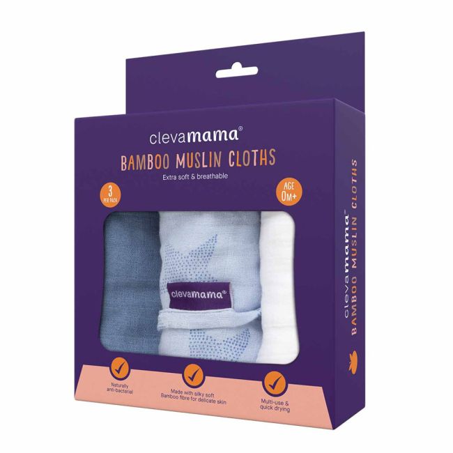 Set 3 paturici de muselina albastru Clevamama 3540 SUPclvm_3540