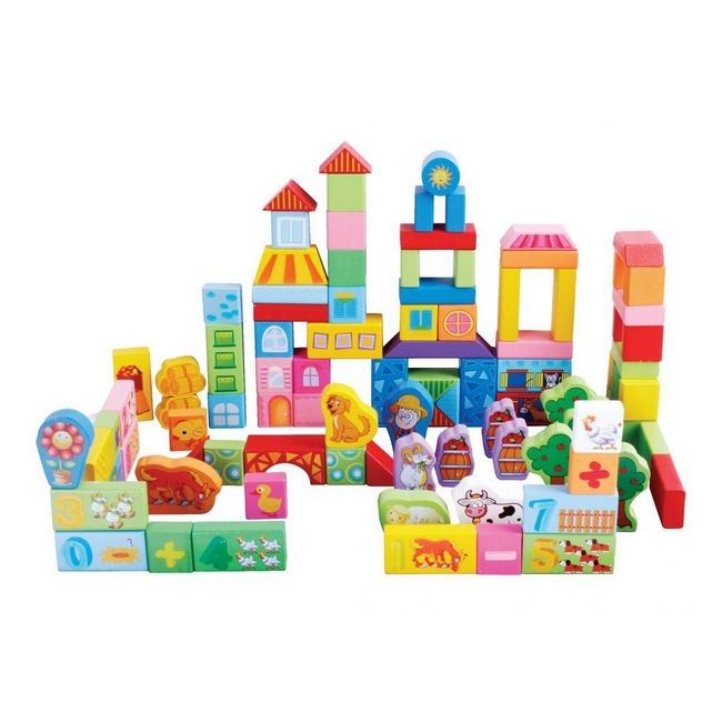 Blocuri de lemn educationale ecotoys 100 de piese ferma edeedisr19004