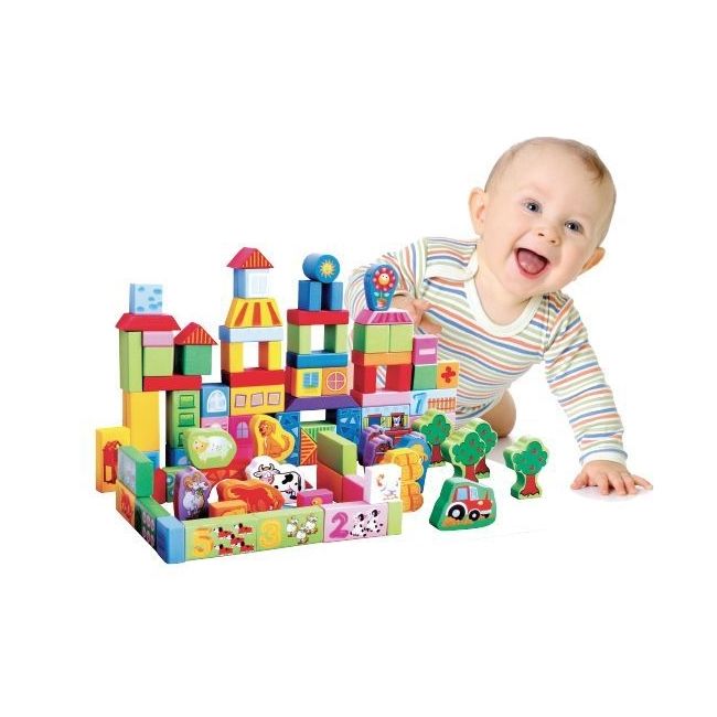 Blocuri de lemn educationale ecotoys 100 de piese ferma edeedisr19004