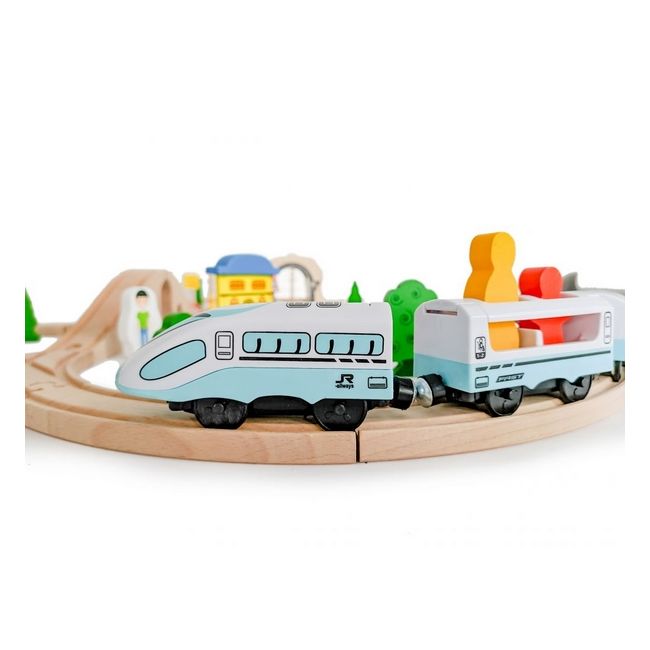 Jucarie cale ferata din lemn cu tren cu baterii ecotoys hm015147, 69 elemente, multicolor edeedihm015147