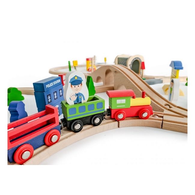 Jucarie cale ferata din lemn cu tren cu baterii ecotoys hm015147, 69 elemente, multicolor edeedihm015147