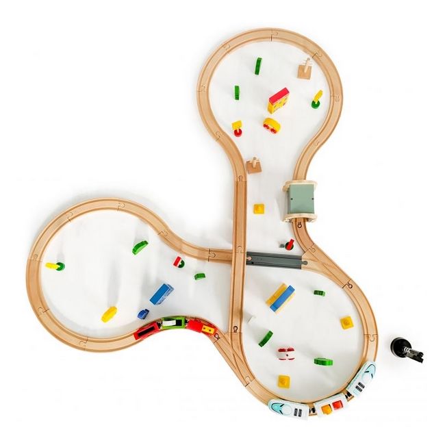 Jucarie cale ferata din lemn cu tren cu baterii ecotoys hm015147, 69 elemente, multicolor edeedihm015147