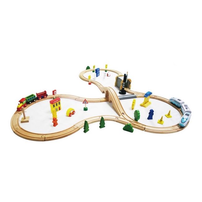 Jucarie cale ferata din lemn cu tren cu baterii ecotoys hm015147, 69 elemente, multicolor edeedihm015147