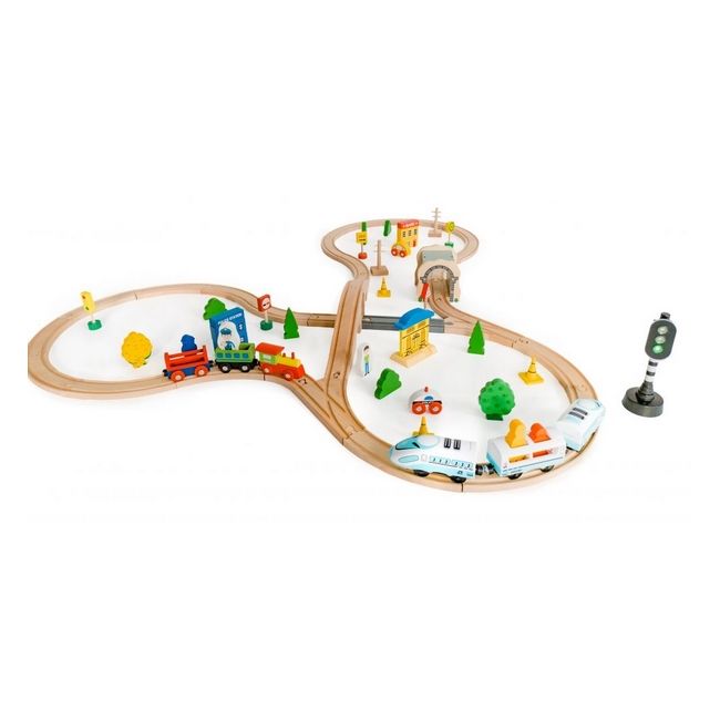 Jucarie cale ferata din lemn cu tren cu baterii ecotoys hm015147, 69 elemente, multicolor edeedihm015147