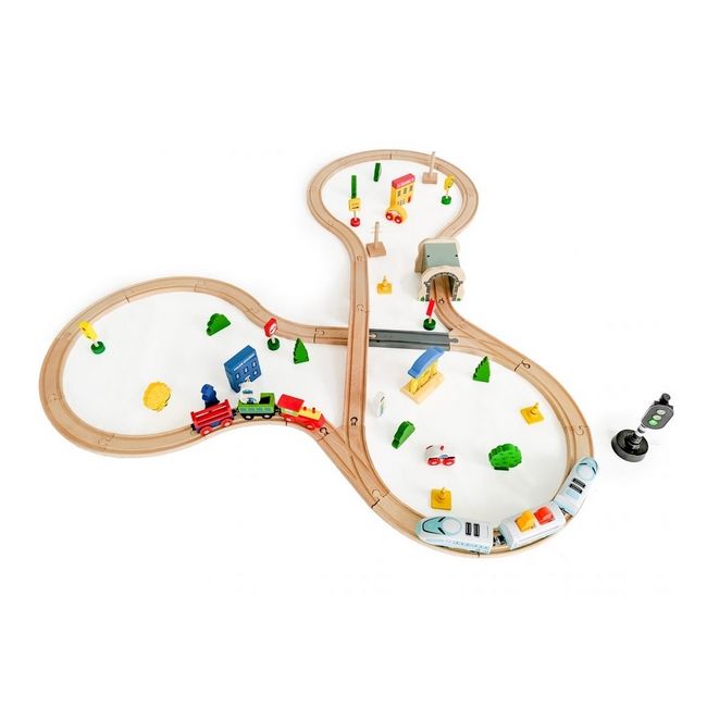 Jucarie cale ferata din lemn cu tren cu baterii ecotoys hm015147, 69 elemente, multicolor edeedihm015147