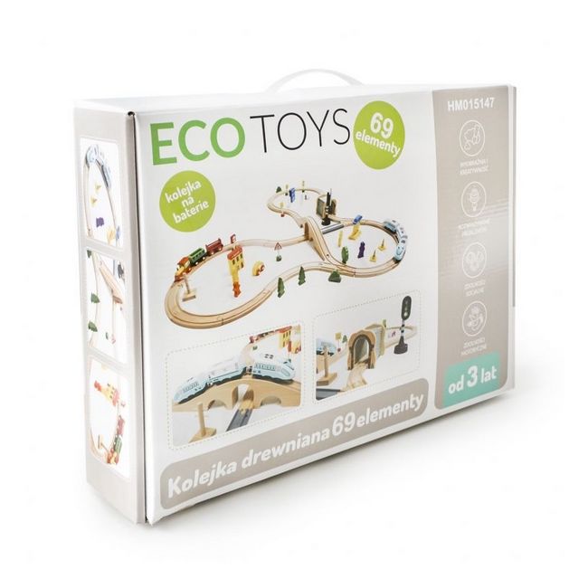 Jucarie cale ferata din lemn cu tren cu baterii ecotoys hm015147, 69 elemente, multicolor edeedihm015147
