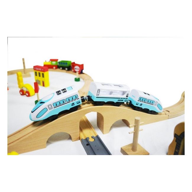 Jucarie cale ferata din lemn cu tren cu baterii ecotoys hm015147, 69 elemente, multicolor edeedihm015147