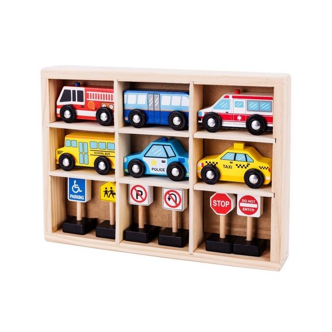 Set masinute si indicatoare rutiere din lemn ecotoys, cu suport rama edeedisawt18166