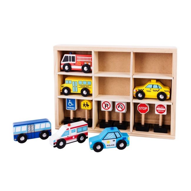 Set masinute si indicatoare rutiere din lemn ecotoys, cu suport rama edeedisawt18166