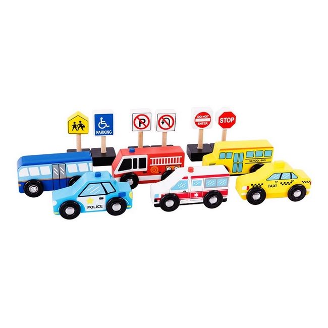 Set masinute si indicatoare rutiere din lemn ecotoys, cu suport rama edeedisawt18166