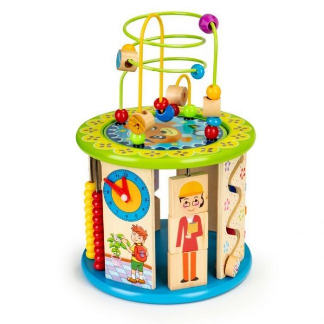 Cub educational din lemn cu jocuri, blocuri si pescuit ecotoys hm175920 edeedihm175920