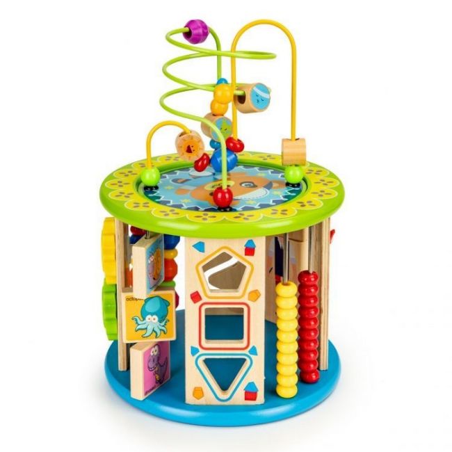 Cub educational din lemn cu jocuri, blocuri si pescuit ecotoys hm175920 edeedihm175920