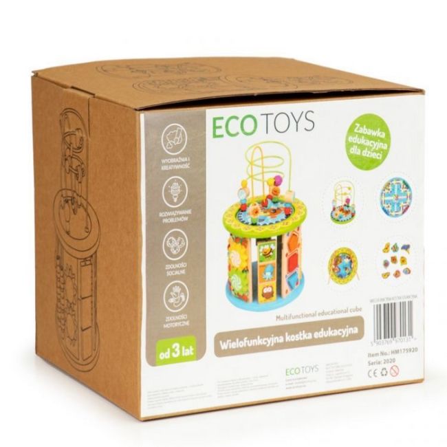 Cub educational din lemn cu jocuri, blocuri si pescuit ecotoys hm175920 edeedihm175920