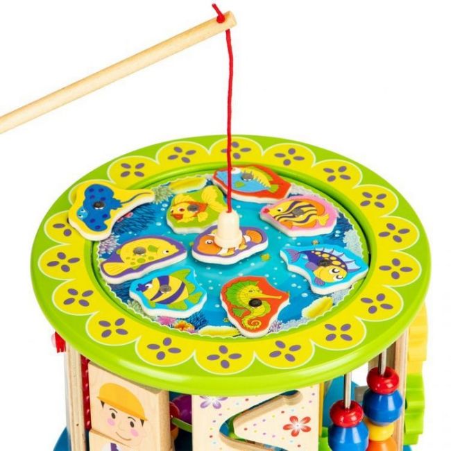 Cub educational din lemn cu jocuri, blocuri si pescuit ecotoys hm175920 edeedihm175920
