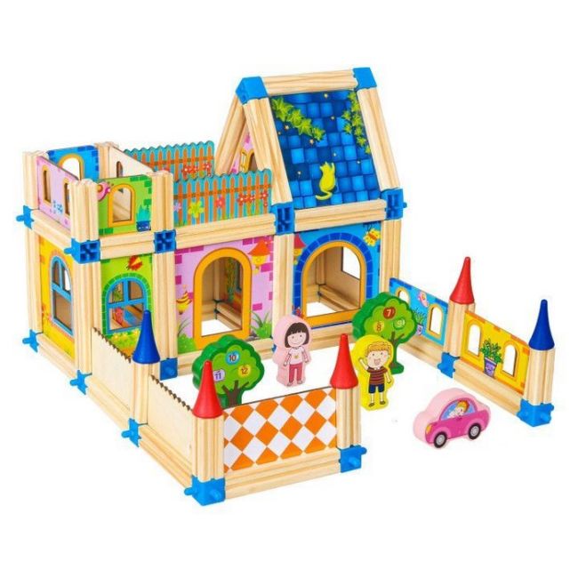Set de constructii casa 6 in 1 din blocuri din lemn ecotoys ma429 edeedima429