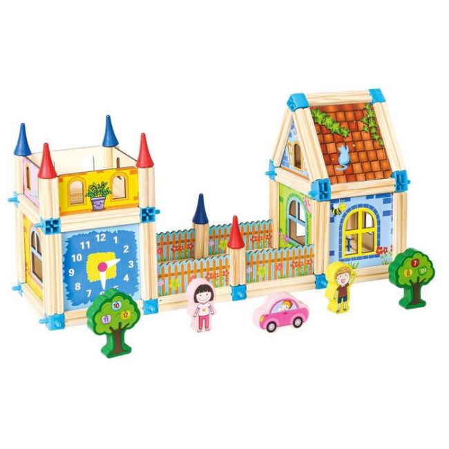 Set de constructii casa 6 in 1 din blocuri din lemn ecotoys ma429 edeedima429
