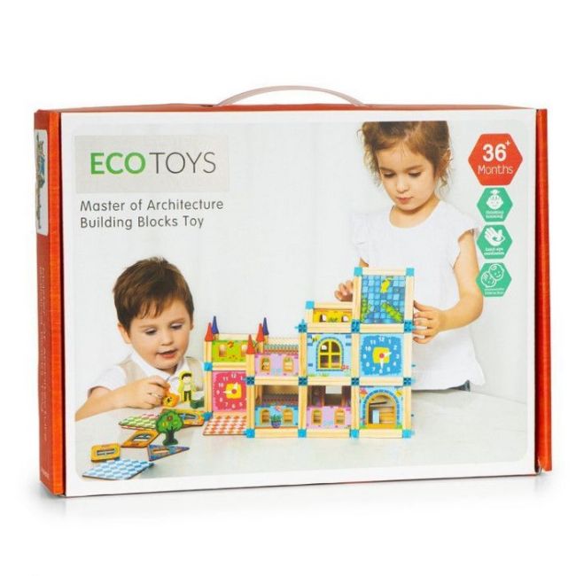Set de constructii casa 6 in 1 din blocuri din lemn ecotoys ma429 edeedima429