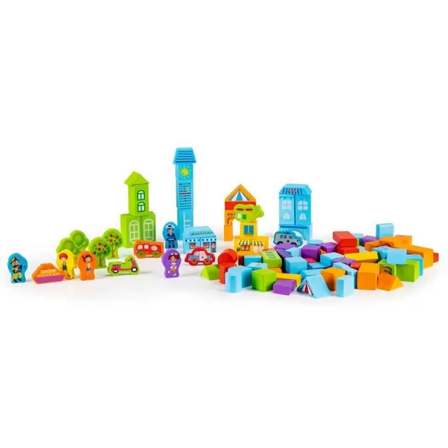 Set educational cu blocuri din lemn 100 piese orasel ecotoys sr19001 edeedisr19001