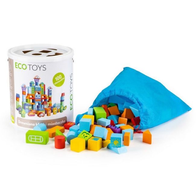 Set educational cu blocuri din lemn 100 piese orasel ecotoys sr19001 edeedisr19001