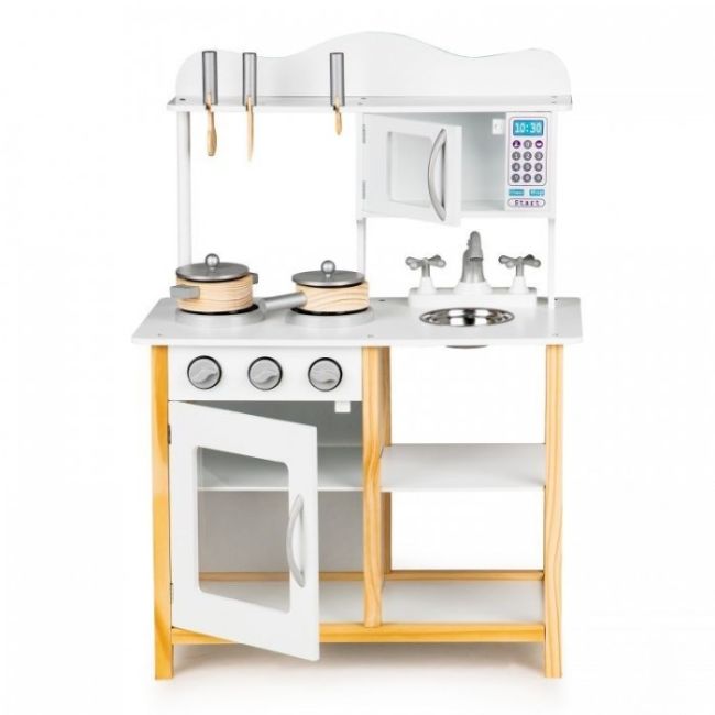 Bucatarie din lemn ecotoys cu accesorii tk040a - alb cu natur edeeditk040a-white