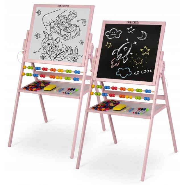 Tabla 2 in 1 pentru copii cu creta sau marker/magnetica, abac, set de creta colorata si markere, burete, cifre si litere magnetice, ricokids 780002, roz edeedi780002