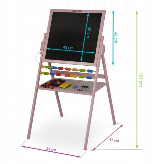 Tabla 2 in 1 pentru copii cu creta sau marker/magnetica, abac, set de creta colorata si markere, burete, cifre si litere magnetice, ricokids 780002, roz edeedi780002