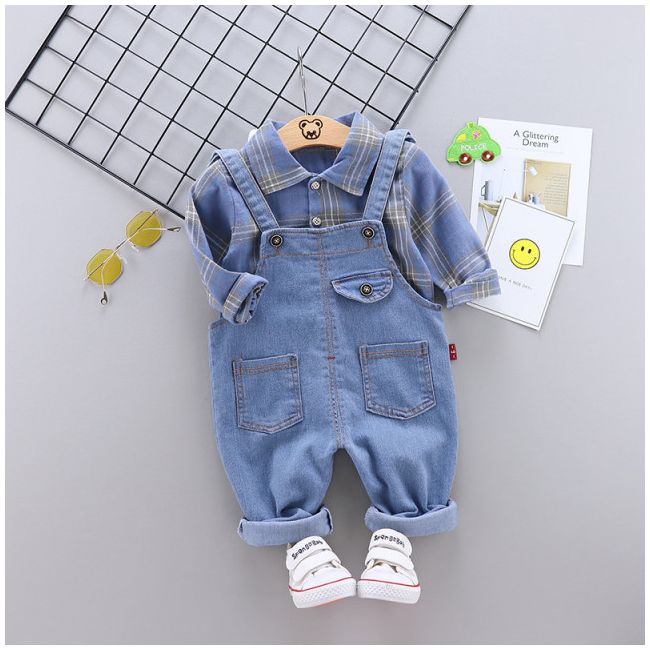 Salopeta din blugi si camasuta albastra (Marime Disponibila: 9-12 luni (Marimea 20 incaltaminte)) ADHQ326-1
